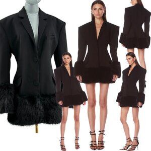 🆕 BRONX & BANCO 🧿 NWOT Emerson Black Faux Fur Trimmed Blazer Dress, Sz M US 6